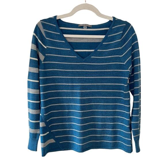 Smartwool Merino Wool Blend V-Neck Split Stripe Relaxed Sweater Blue White - Picture 1 of 8